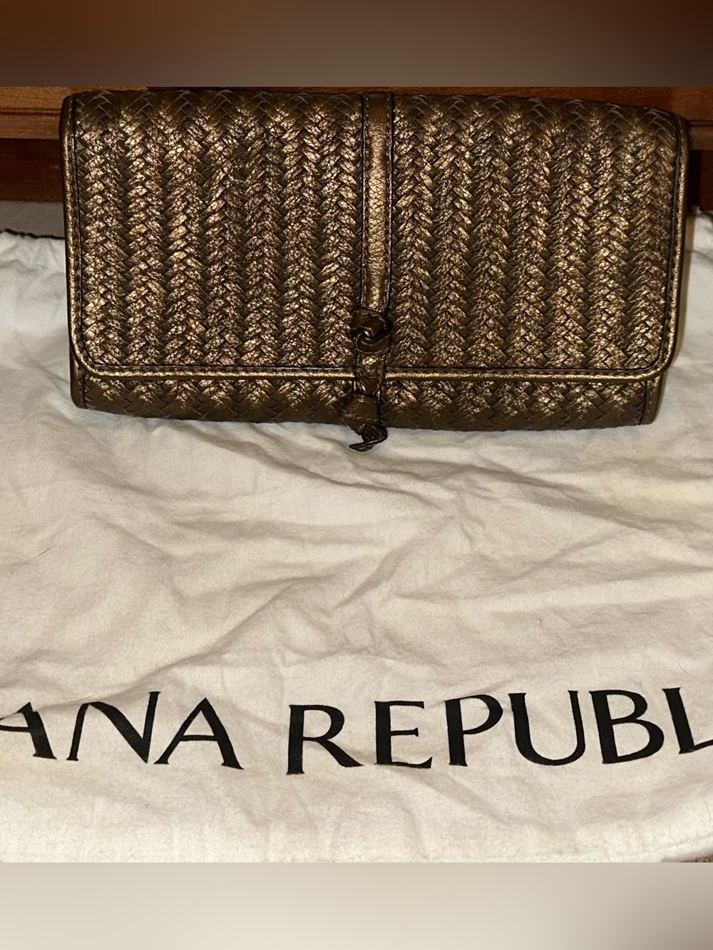 Banana Republic Metallic Bronze Woven Leather Clutch Evening Bag + Dust Bag